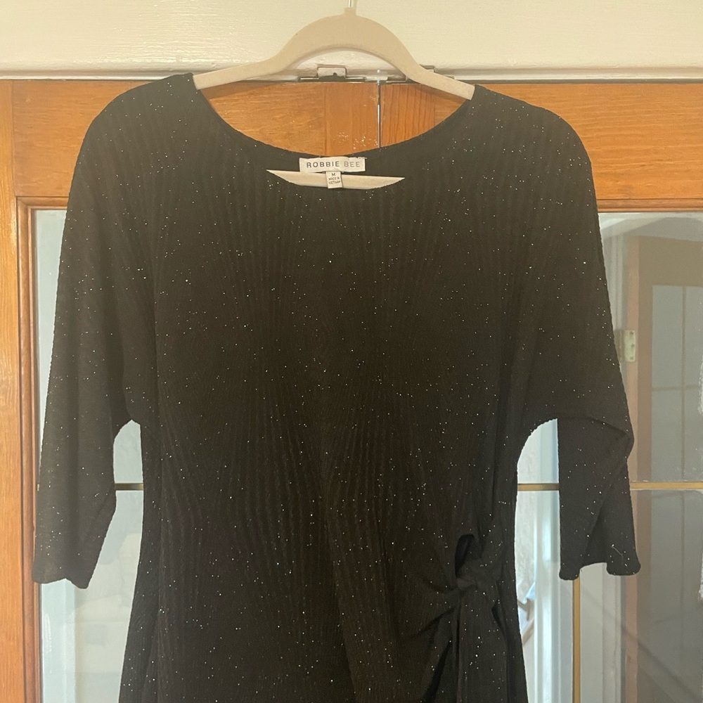 Robbie Bee | Black 3/4 Sleeve Glitter Faux Wrap Dress | M - Picture 5 of 9